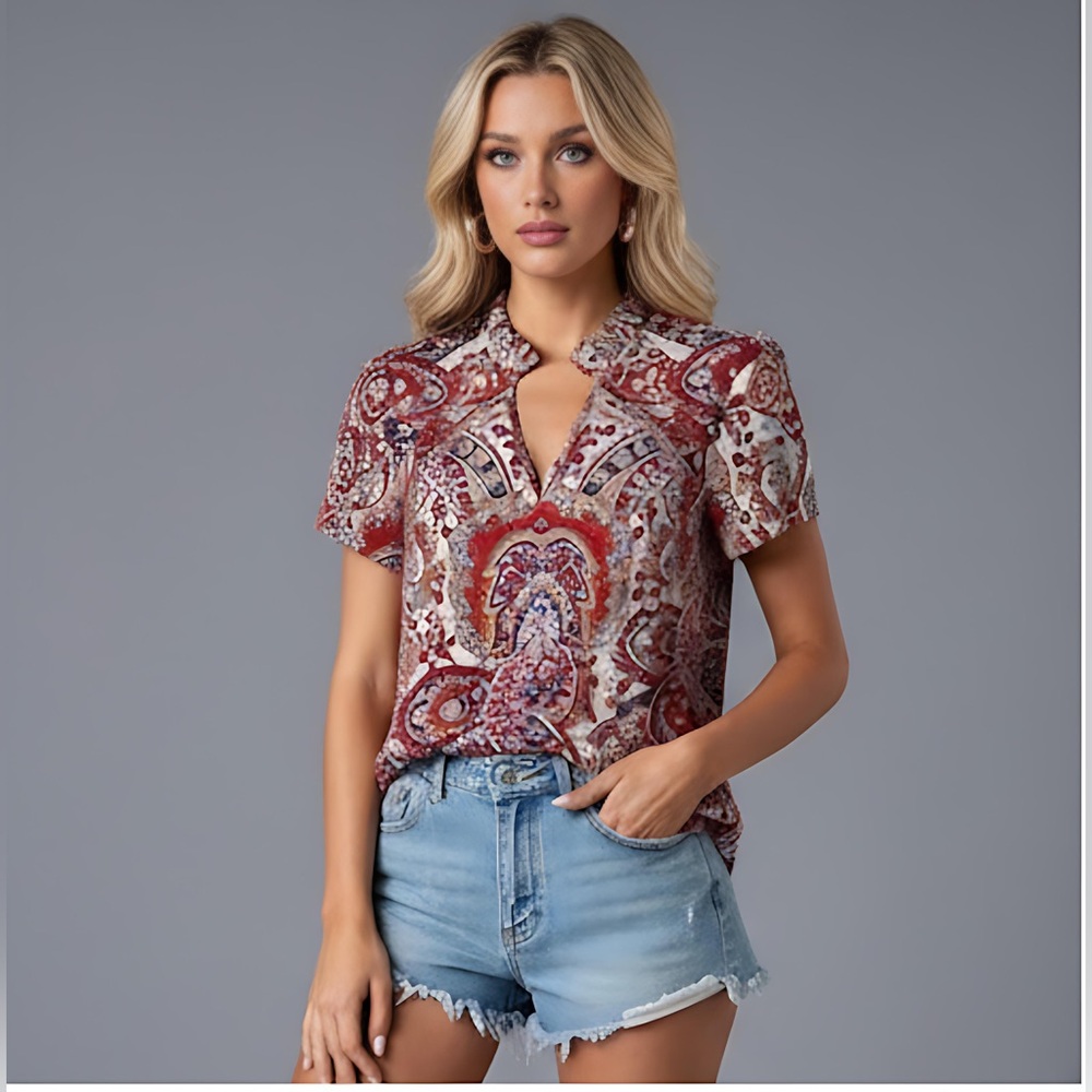 Paisley Print Notched Neck Blouse